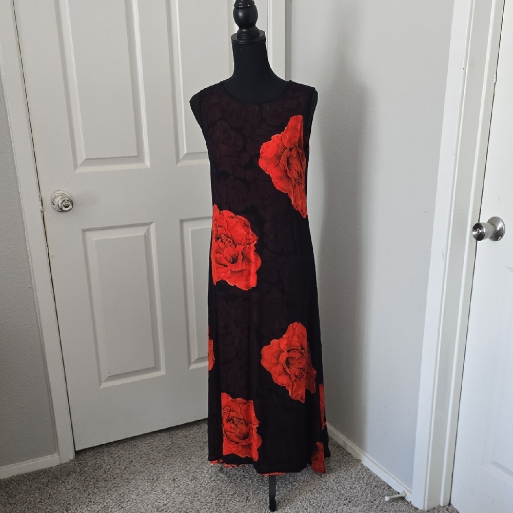 Chic Black Maxi Dress with Red Floral Accents